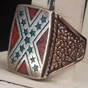 Men's Silver Biker Ring with Turquoise & Coral Inlay Rebel Dixie Southern Flag